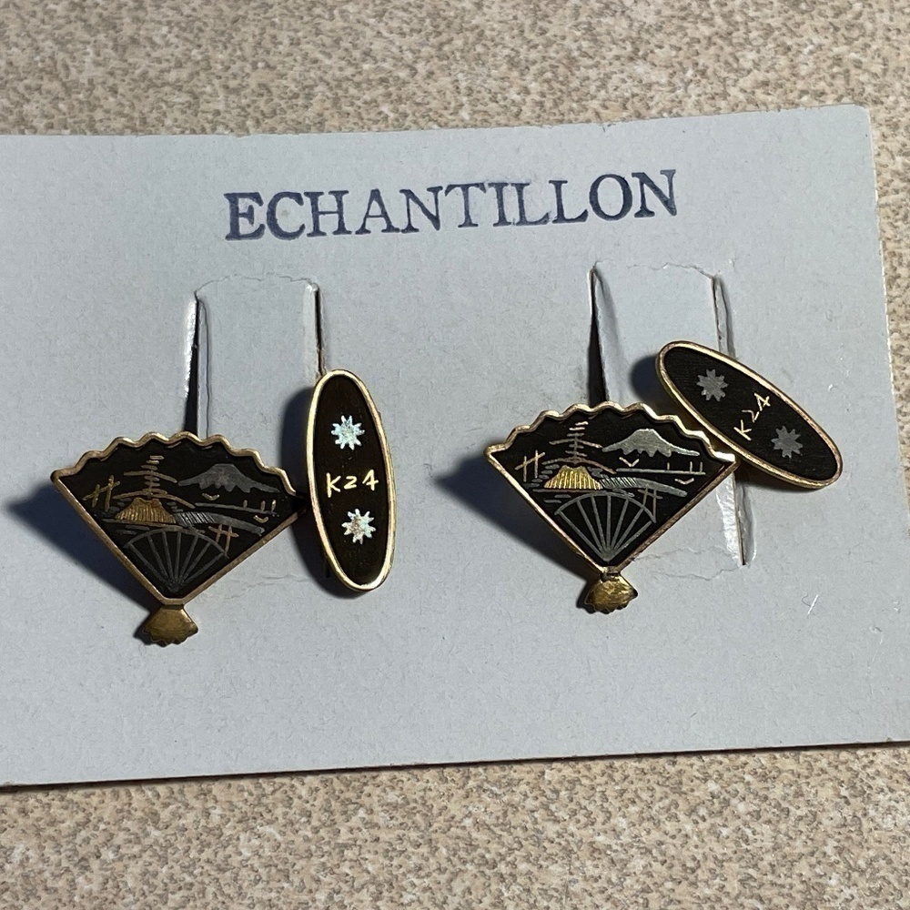 Vintage Japanese Damascene Fan Black and Gold inlay Cuff Links